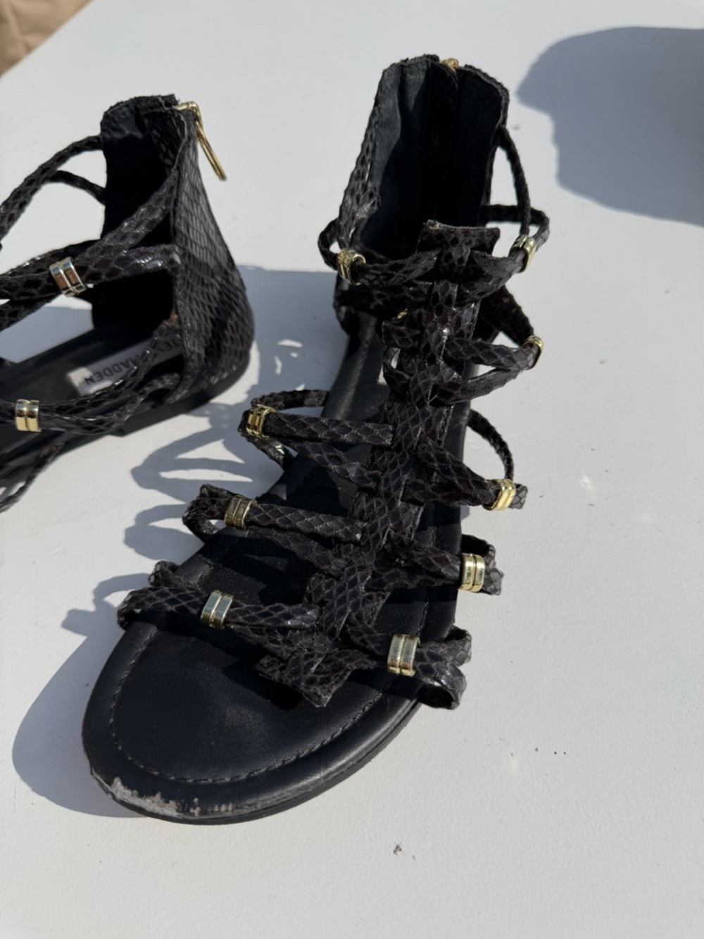 Steve Madden Black Braided Gladiator Sandals with Gold Accents